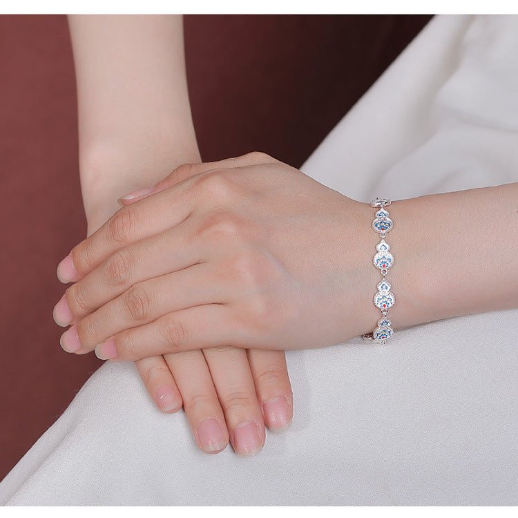 Pure 999.9 Silver 'Ruyi' Blessing Bracelet – Enamel Treasure Flowers & Lucky Gourds - Taichi - Zen