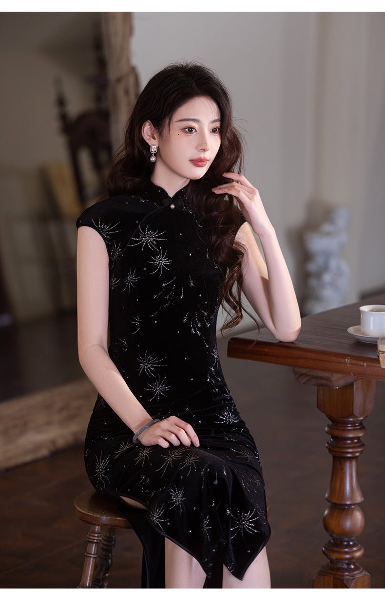 Black Velvet Qipao with Silver Spark Motif - Taichi - Zen