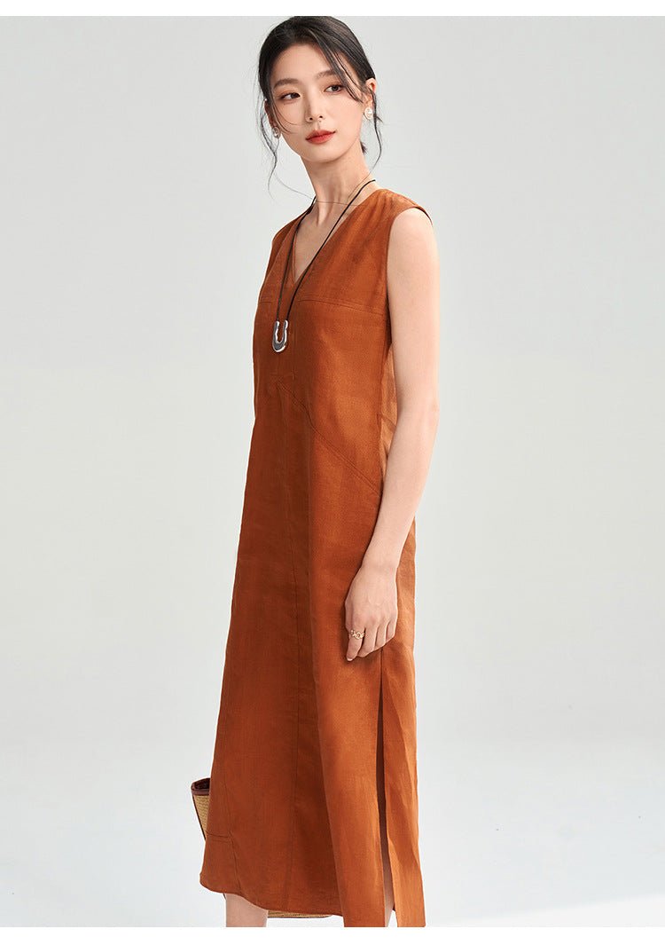 Side angle of sleeveless rust dress – clean lines and relaxed silhouette