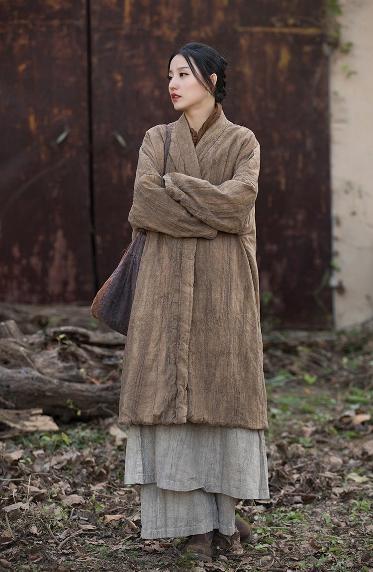 Handmade Long Cotton - Linen Winter Coat | Zen Style Padded Jacket | Tie - Dye Vintage Finish - Taichi - Zen