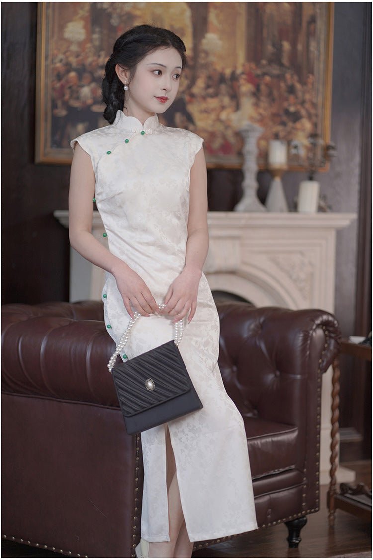 Elegant White Jacquard Petal Collar Qipao Dress – Soft, Vintage - Inspired, Everyday Luxury Look - Taichi - Zen