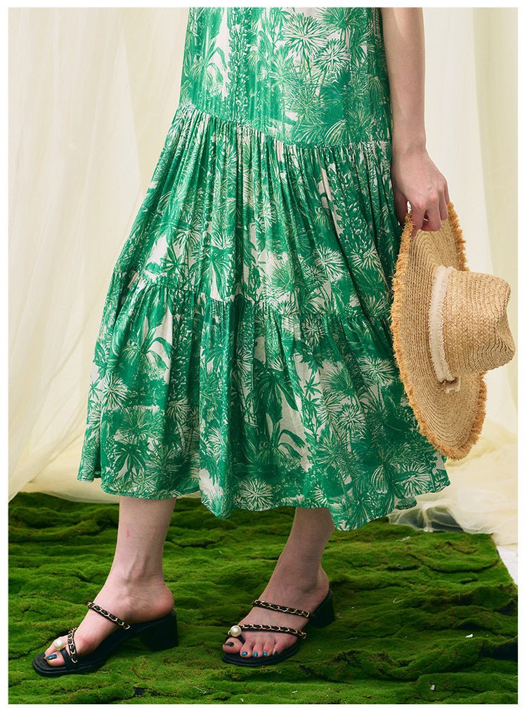 Green Floral Sleeveless Maxi Dress – Flowy Vacation Sundress with Flattering Loose Fit for Summer - Taichi - Zen