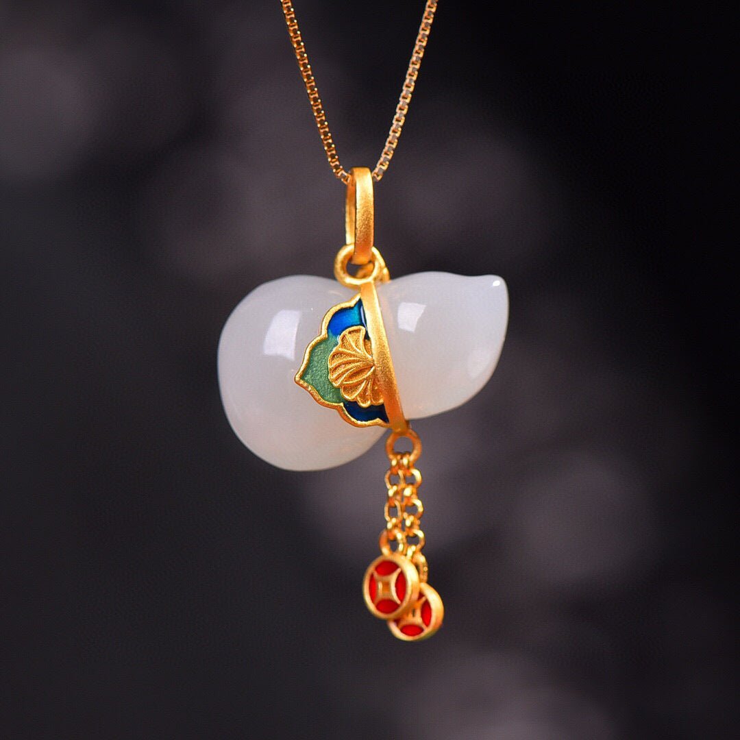 White Jade Gourd Pendant – S925 Silver, Enamel Details, Lucky Charm - Taichi - Zen