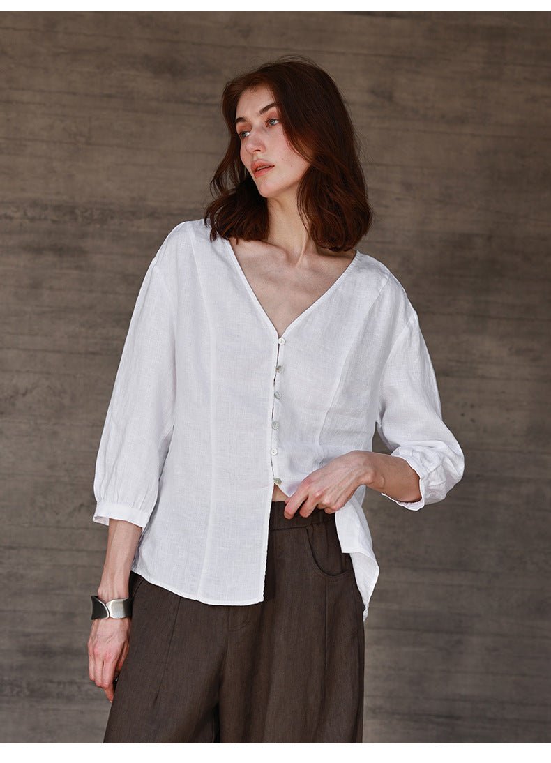 100% Linen Asymmetrical Shirt – Soft White, Light Shape - Taichi - Zen