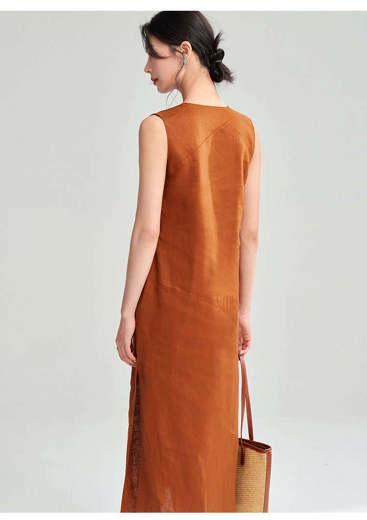 Rust Linen V - Neck Dress with Clean Lines and Bare Shoulders - Taichi - Zen
