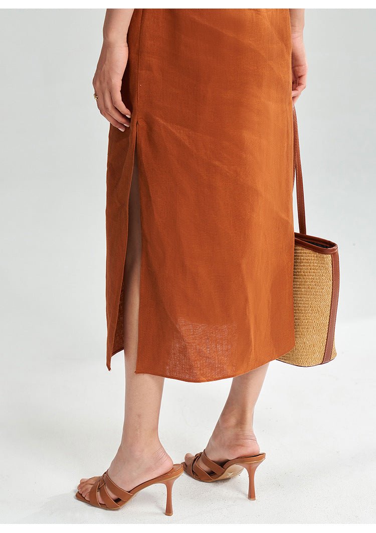 Rust Linen V - Neck Dress with Clean Lines and Bare Shoulders - Taichi - Zen