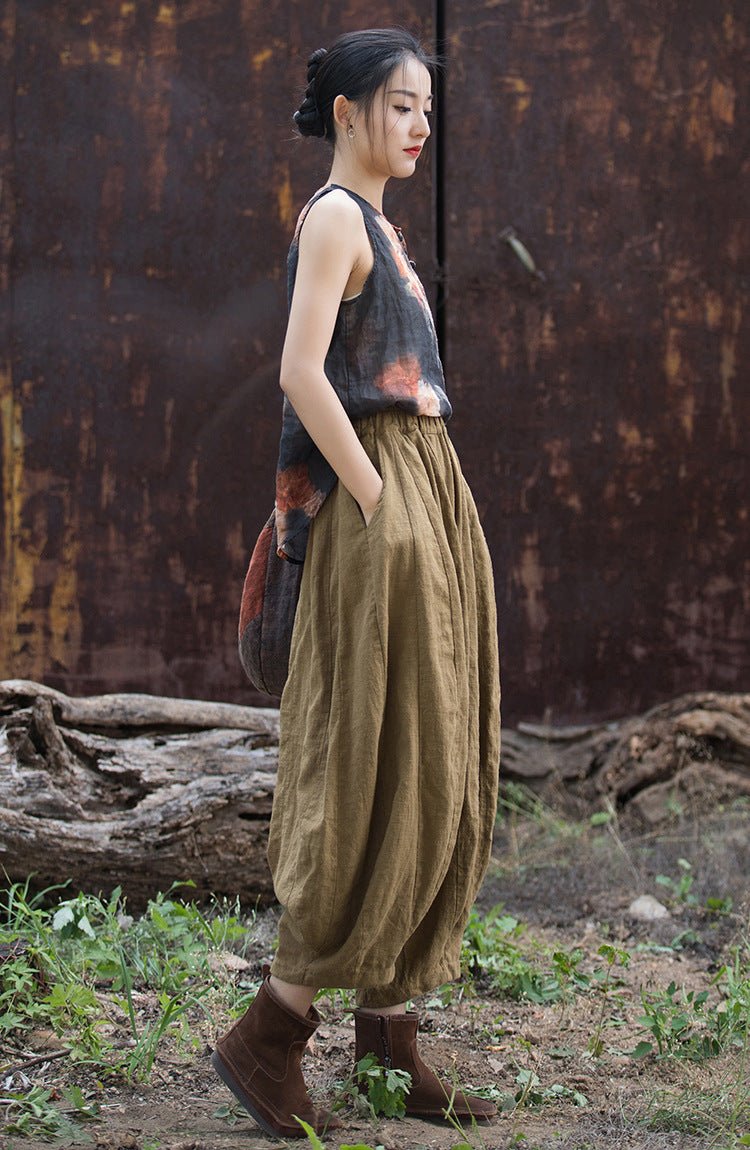 Washed Ramie Patchwork Lantern Pants | Loose - Fit Nine - Tenths Trousers - Taichi - Zen