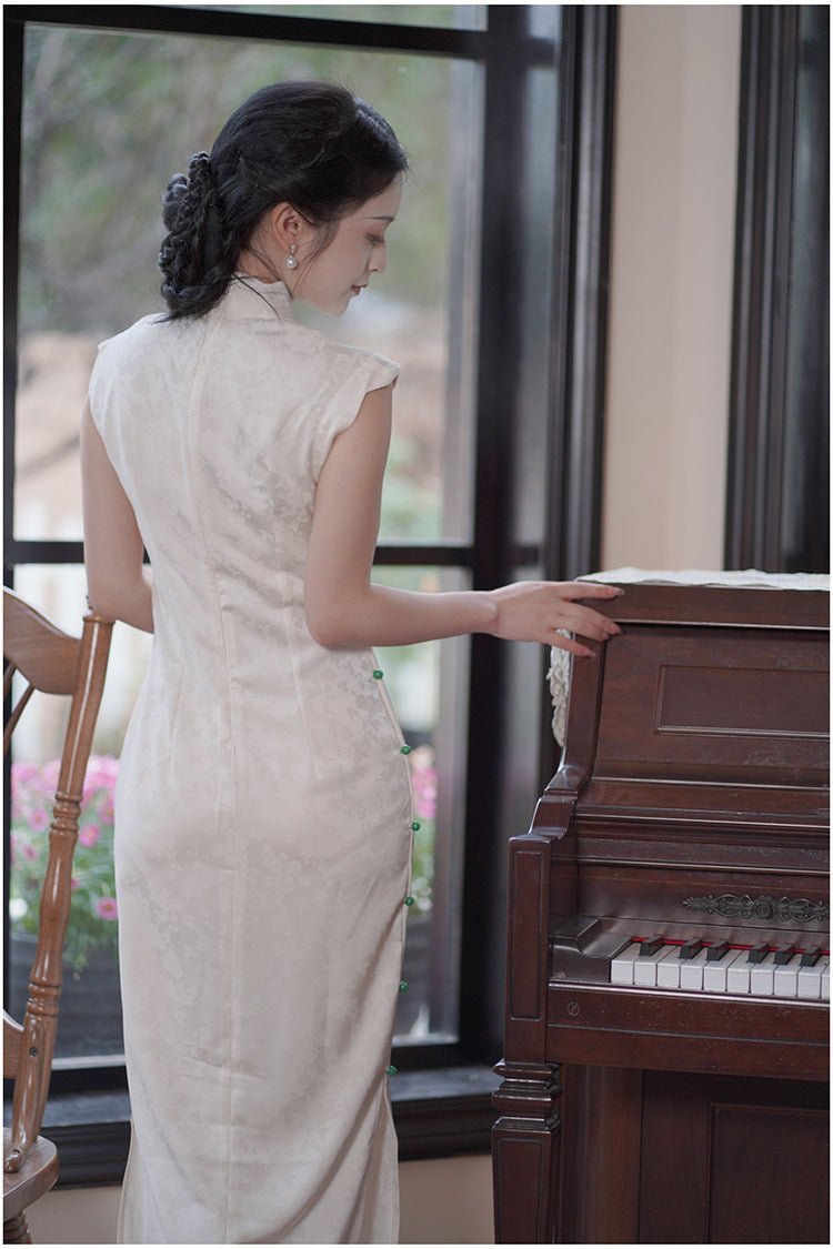 Elegant White Jacquard Petal Collar Qipao Dress – Soft, Vintage - Inspired, Everyday Luxury Look - Taichi - Zen