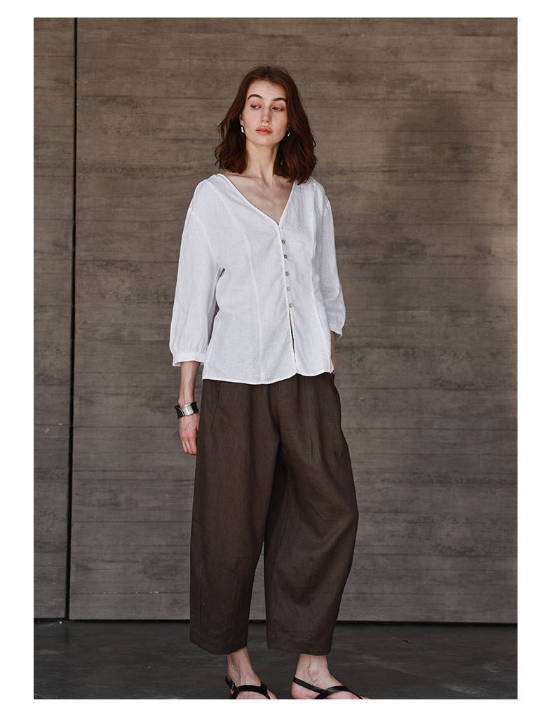 100% Linen Asymmetrical Shirt – Soft White, Light Shape - Taichi - Zen