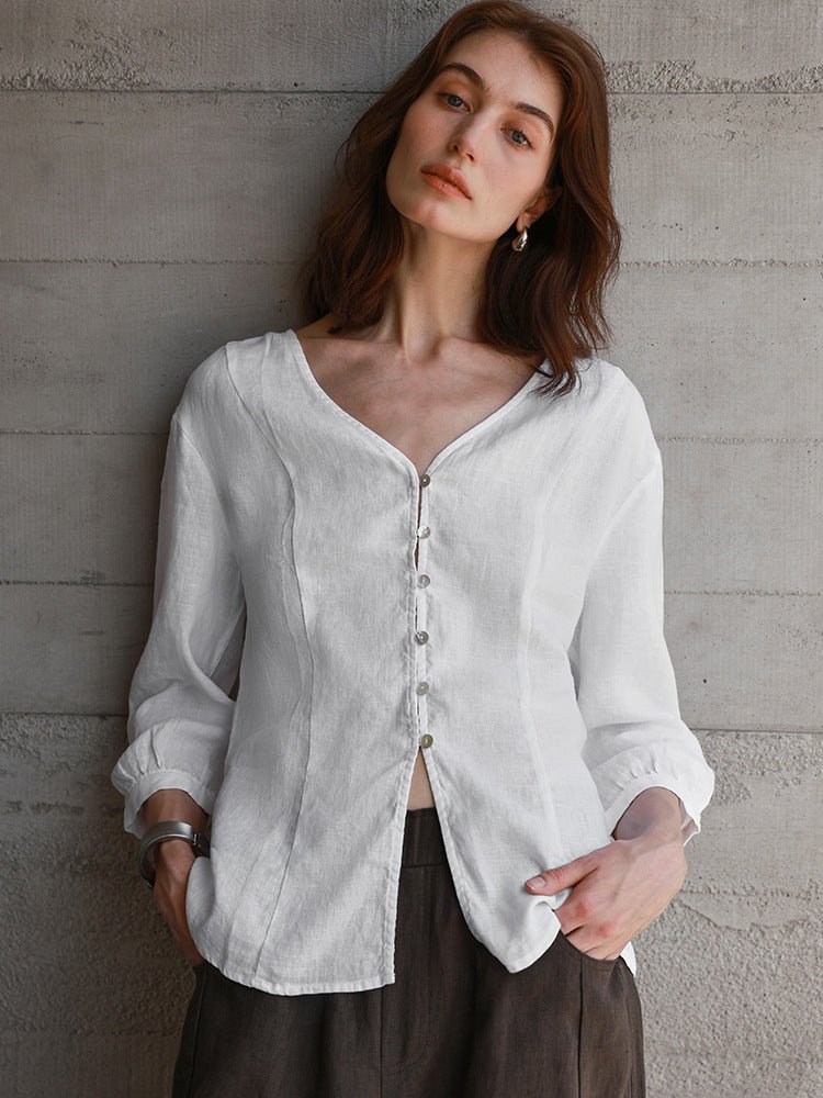 100% Linen Asymmetrical Shirt – Soft White, Light Shape - Taichi - Zen