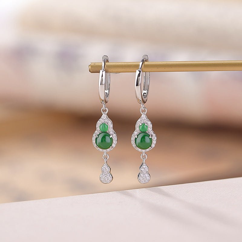 S925 Sterling Silver Jadeite Earrings – "Gourd Harmony Talismans" - Taichi - Zen