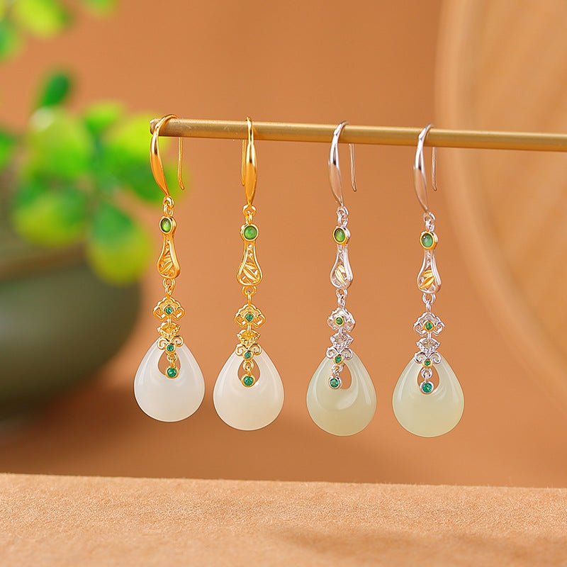 S925 Gold - Plated Hetian Jade Earrings – Waterdrop & Bamboo Leaf Motif | Timeless Chinese Elegance - Taichi - Zen
