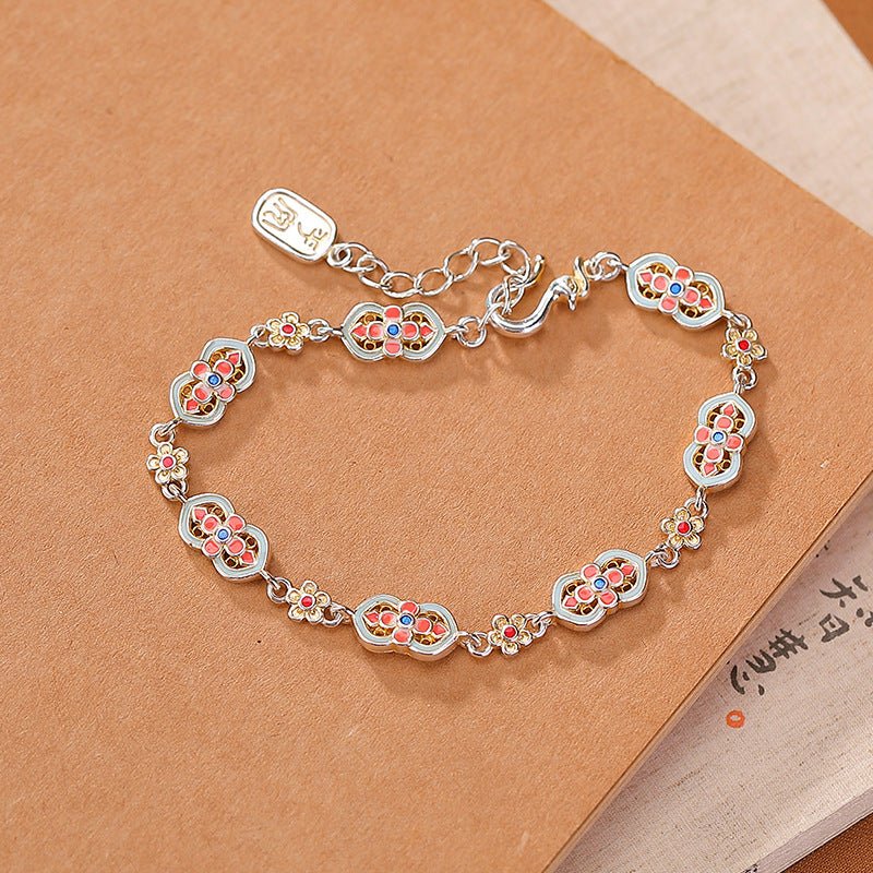 Pure 999.9 Silver 'Ruyi' Blessing Bracelet – Enamel Treasure Flowers & Lucky Gourds - Taichi - Zen