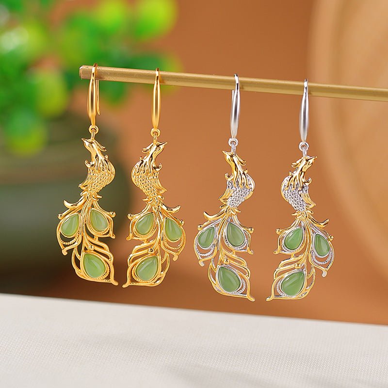 S925 Gold/Silver - Plated Hetian Jade Earrings – Waterdrop & Phoenix Motif | Chinese Heritage Reimagined - Taichi - Zen
