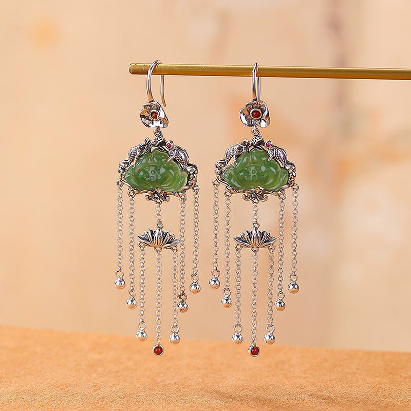S925 Sterling Silver Hetian Jade Earrings – Lotus, Koi & Flowing Tassels - Taichi - Zen