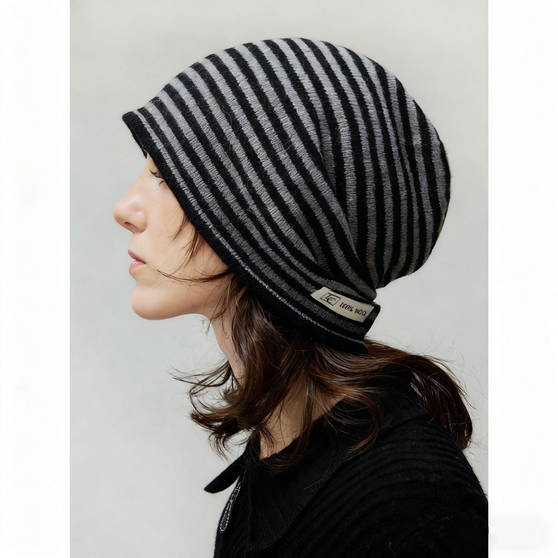 Women's Striped Slouch Beanie, Slubby Wool Knit Hat for Women, Relaxed Fit Winter Hat, Slouchy Beanie