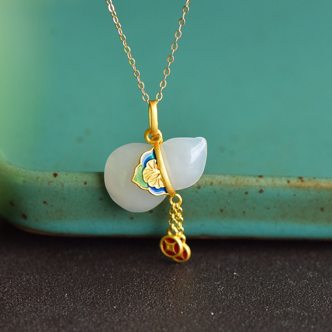 White Jade Gourd Pendant – S925 Silver, Enamel Details, Lucky Charm - Taichi - Zen
