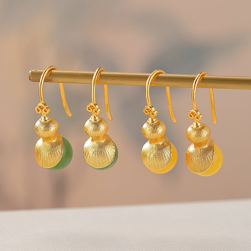 S925 Gold - Plated Hetian Jade & Amber Earrings – Double Blessing Húlu Drops - Taichi - Zen