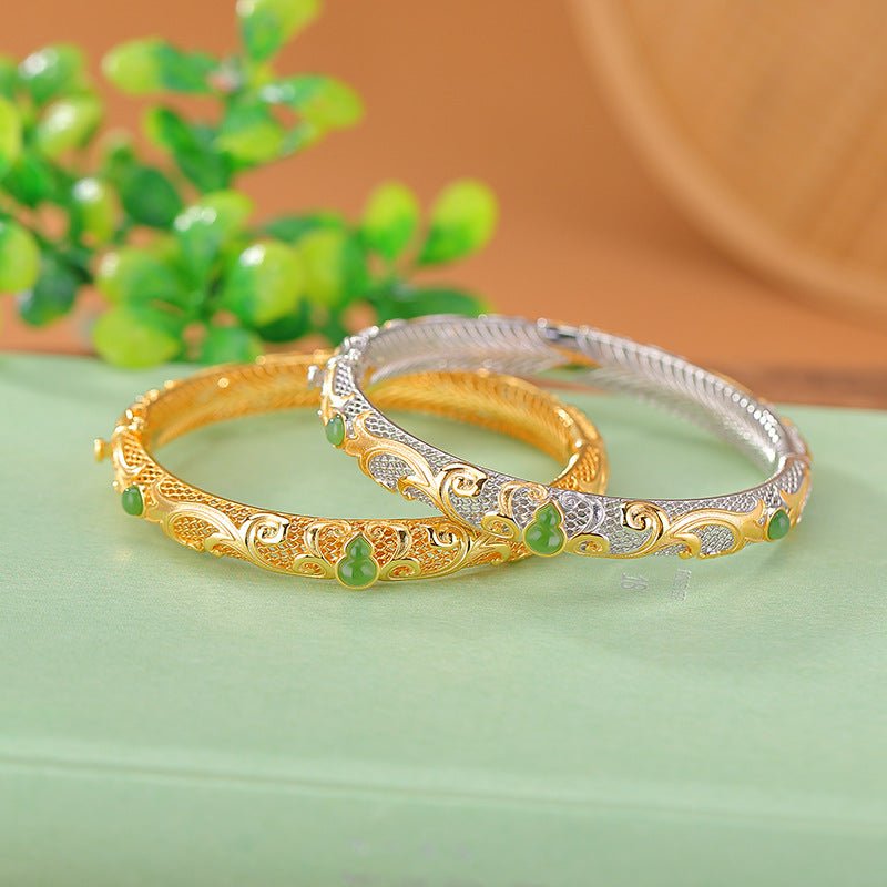 S925 Gold - Plated Hetian Jade Bangle – "Double Blessing Cuff" - Taichi - Zen
