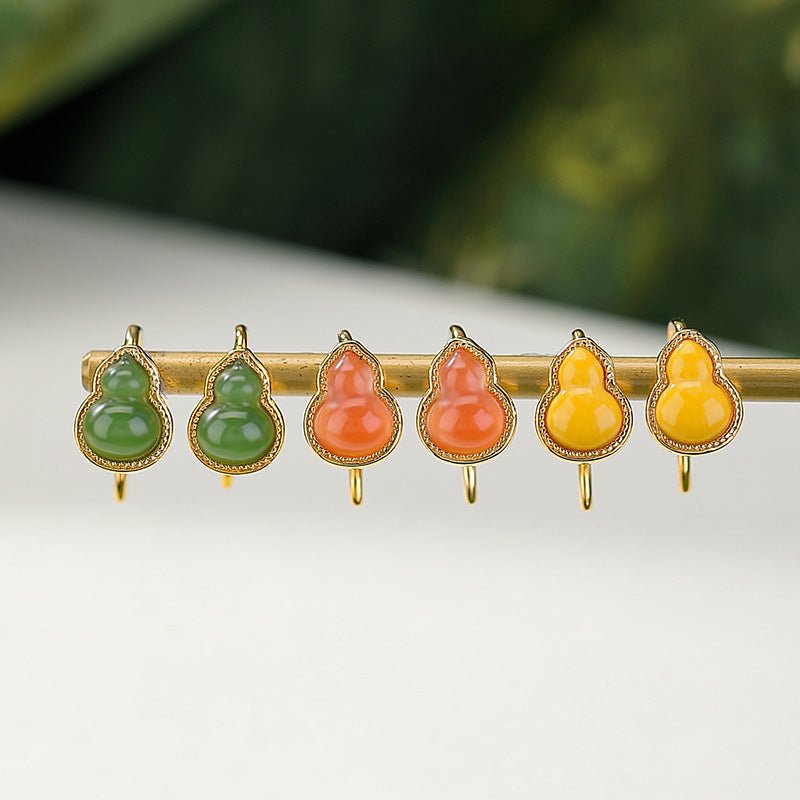 S925 Sterling Silver Gold - Plated Hetian Jade / Beeswax / Red Agate Earrings – Chinese Gourd Hook Design | Natural Gemstone Minimalist Dangle Earrings - Taichi - Zen