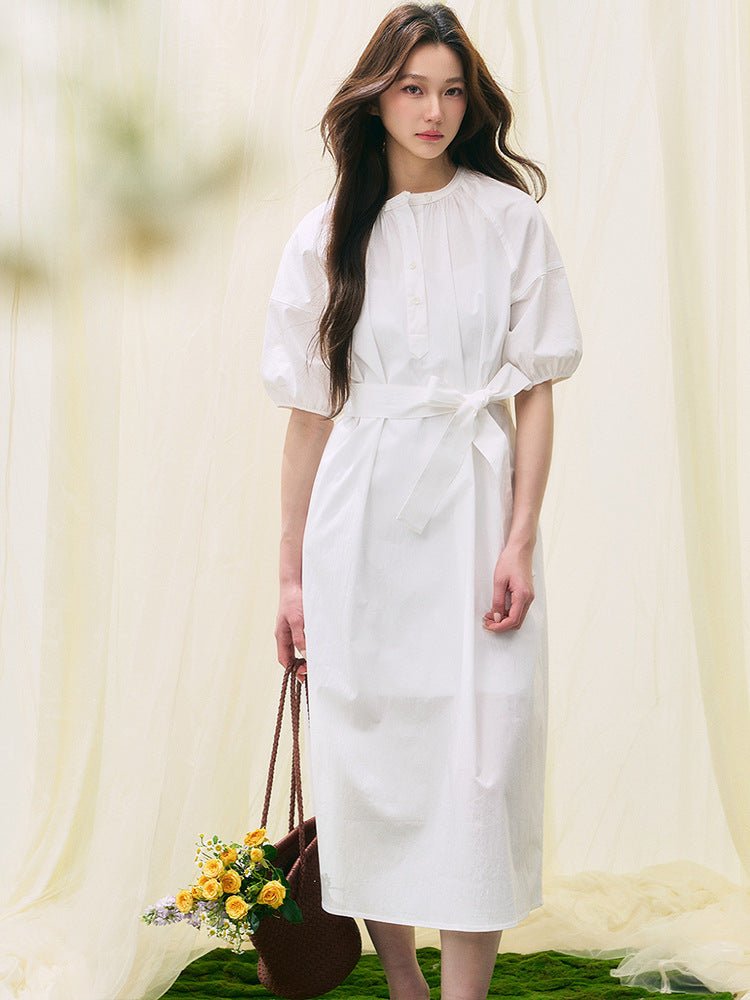 White Whisper Dress – Soft Cotton Calm with a Tied Waist - Taichi - Zen