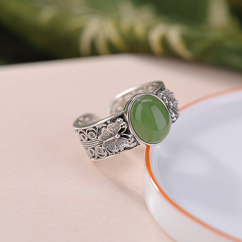 S925 Sterling Silver Hetian Jade Ring – Vintage Antique Hollow Butterfly Open Adjustable Ring | Natural Gemstone Chinese Elegance - Taichi - Zen