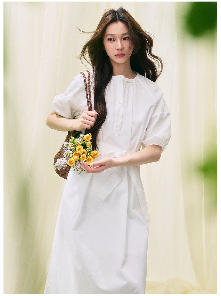 White Whisper Dress – Soft Cotton Calm with a Tied Waist - Taichi - Zen