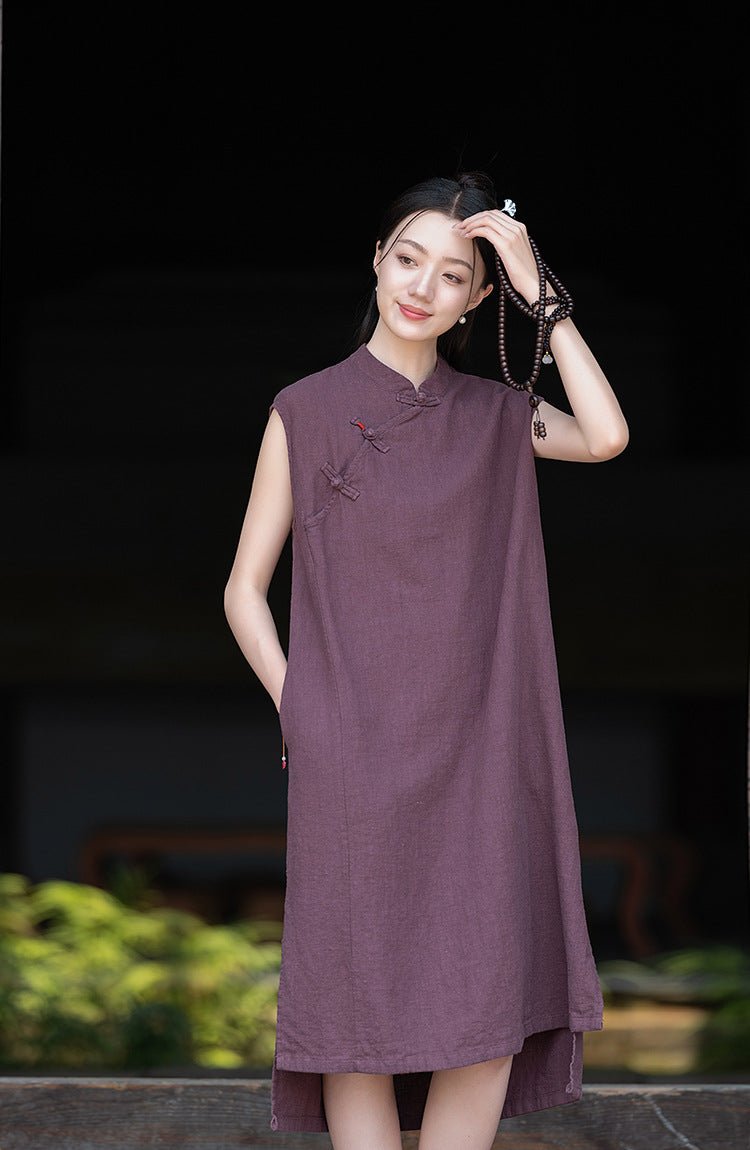 Sanded Ramie Qipao – Sleeveless Summer Dress with Frog Button Detail - Taichi - Zen