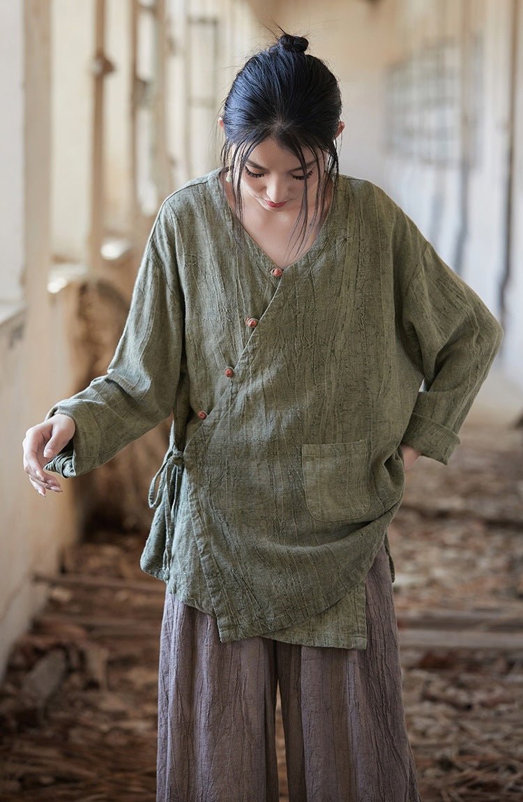 Hand - Dyed Ramie Wrap Blouse | New Chinese Style Loose Jacket - Taichi - Zen