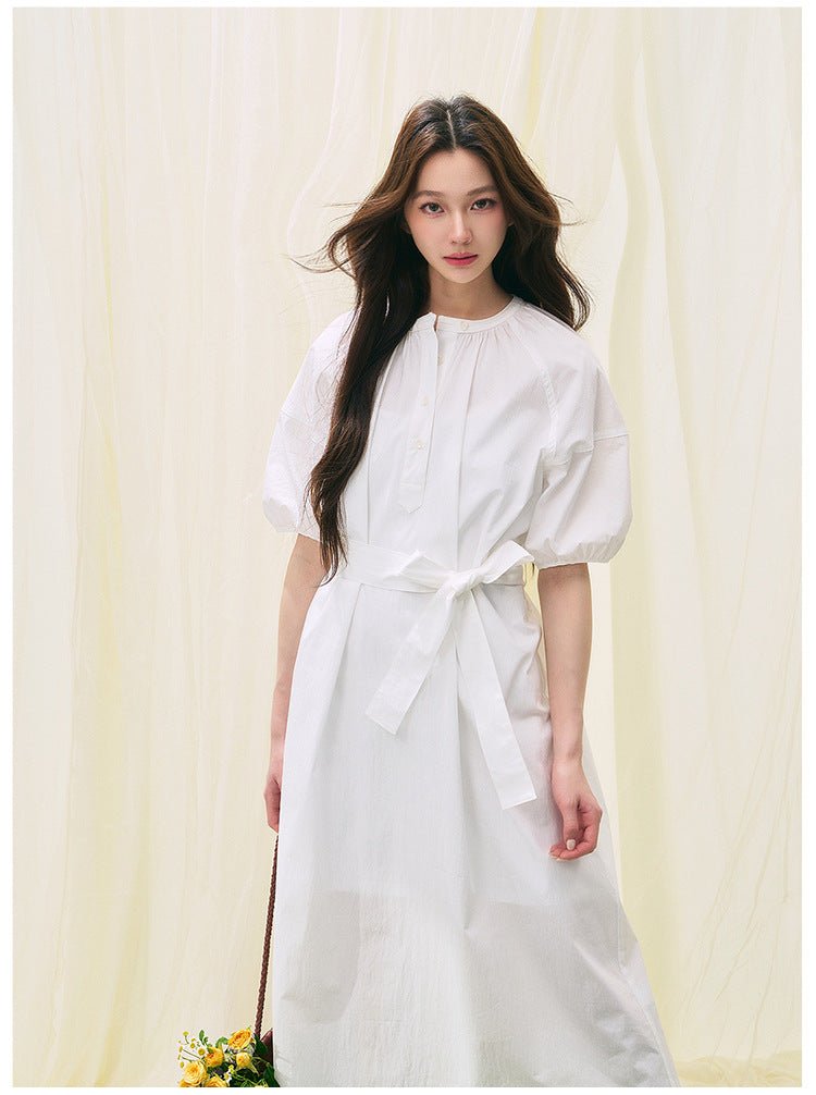 White Whisper Dress – Soft Cotton Calm with a Tied Waist - Taichi - Zen