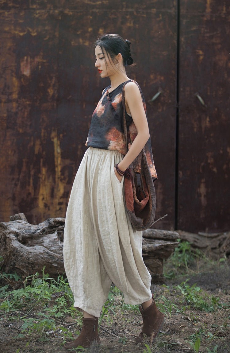 Washed Ramie Patchwork Lantern Pants | Loose - Fit Nine - Tenths Trousers - Taichi - Zen