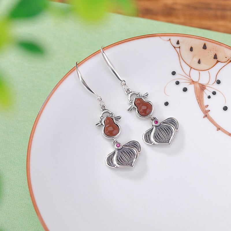 S925 Sterling Silver Red Agate Earrings – "Golden Fish & Gourd Harmony" - Taichi - Zen