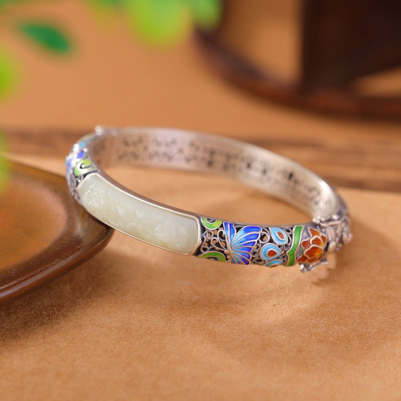 S925 Sterling Silver Hetian Jade Bangle – Adjustable Open Design with Enamel Butterfly & Lotus Motifs - Taichi - Zen