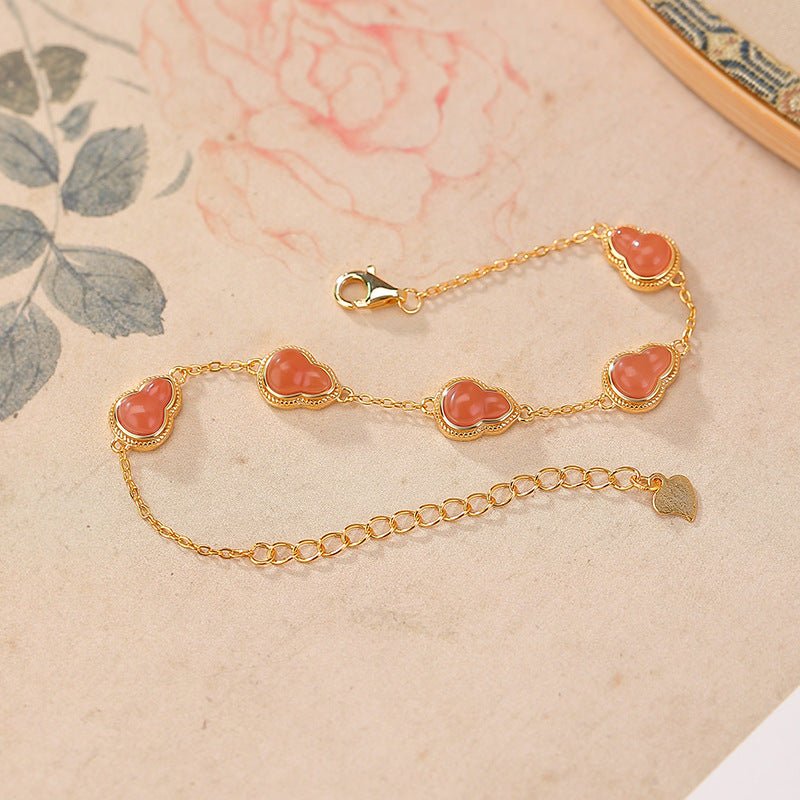 Natural Nanhong Water - Red Gourd Bracelet – S925 Sterling Silver Gold - Plated Lucky Double Gourd & Coin Charm | Wealth, Health & Longevity Amulet - Taichi - Zen