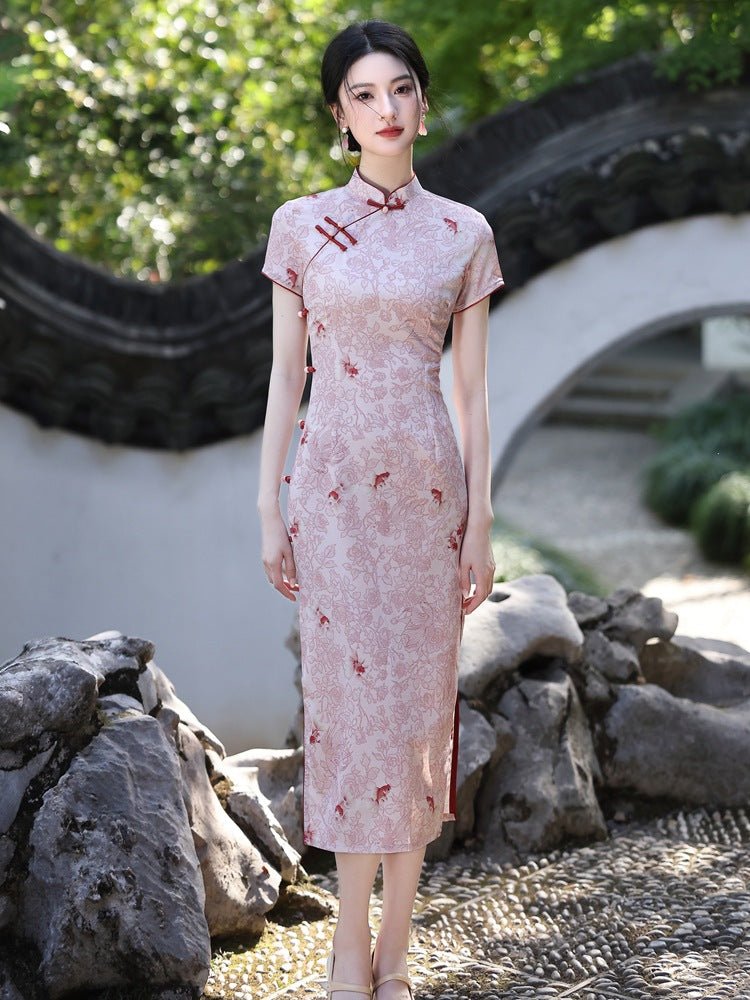 Blush Pink Qipao with Red Floral Accents - Taichi - Zen