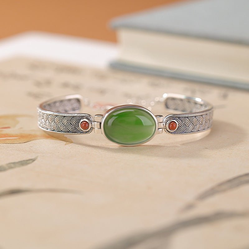 S925 Sterling Silver Hetian Jade & Red Agate Bracelet – Woven "Eternal Knot" Design | Mindful Energy Jewelry - Taichi - Zen