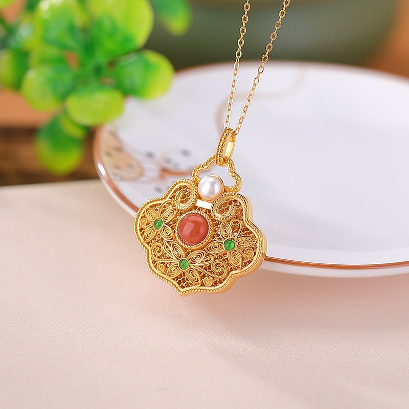 S925 Gold - Plated Red Agate Pendant – "Blossoming Fortune" - Taichi - Zen