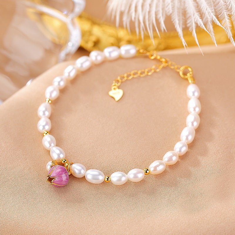 S925 Sterling Silver Gold - Plated Freshwater Pearl Bracelet – Tulip Elegance in Minimalist Chinese Aesthetic - Taichi - Zen
