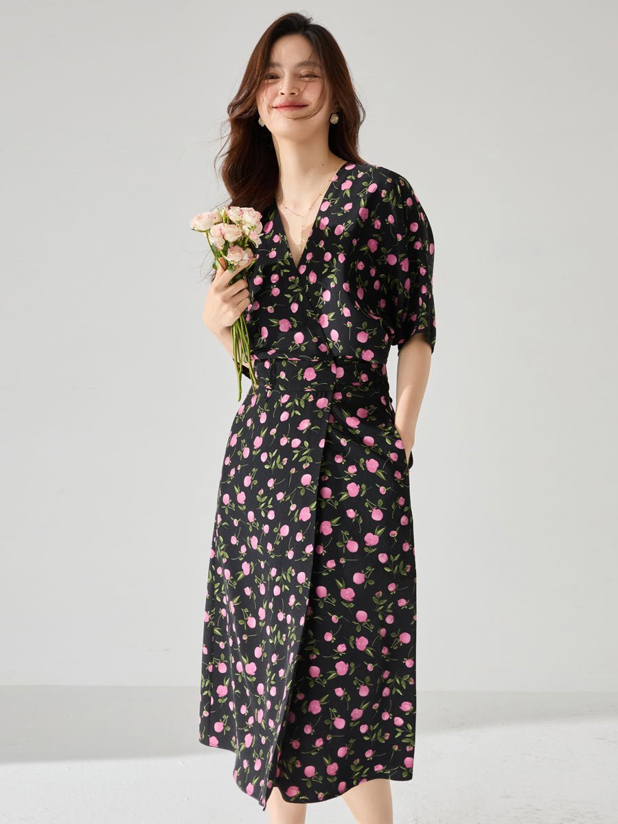 Night Garden in Bloom — Soft - Waist Midi Dress - Taichi - Zen