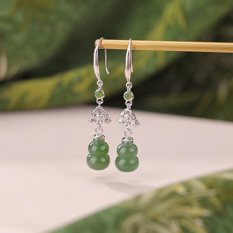 S925 Gold - Plated Hetian Jade Drop Earrings – Double Gourd of Fortune & Mindful Elegance - Taichi - Zen