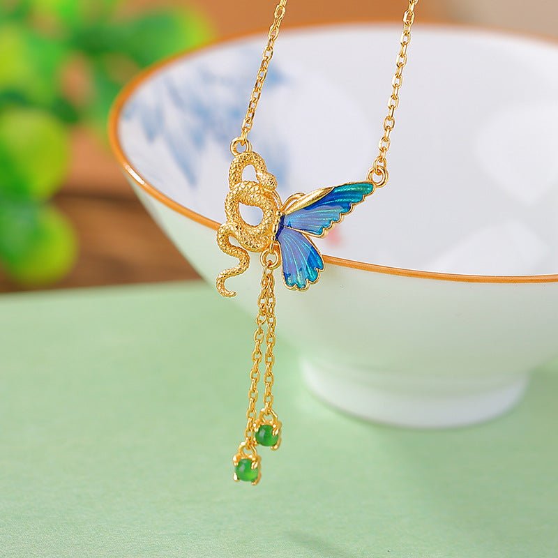 S925 Gold - Plated Jadeite Pendant – Enamel Butterfly & Serpent Motif with Tassel Chain - Taichi - Zen