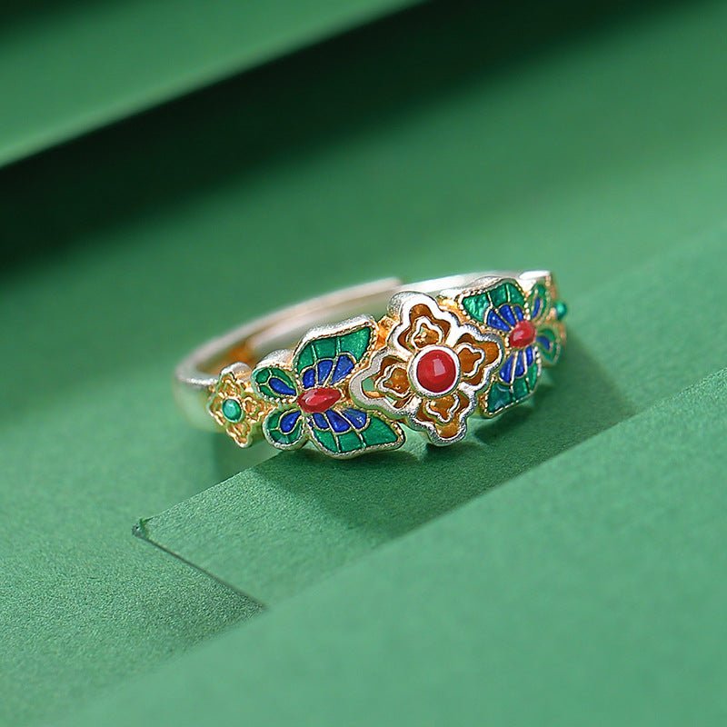 999.9 Pure Silver Enamel Butterfly Flower Ring – Chinese Auspicious Luck Jewelry | Hollow Carving & Gilded Artistry - Taichi - Zen