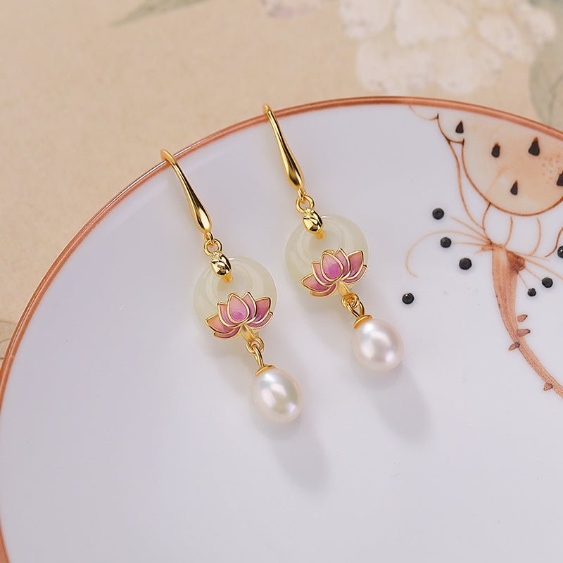 Chinese ’Hetianyu':Good Fortune to Go - Hetian Jade & Pearl Enamel Earrings - Taichi - Zen
