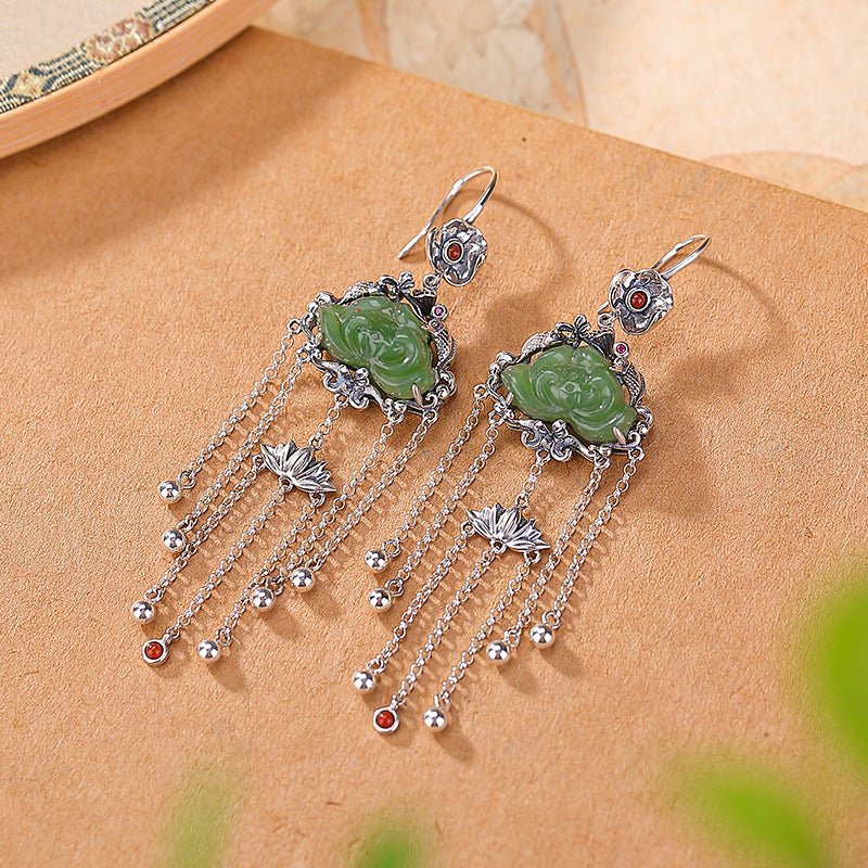 S925 Sterling Silver Hetian Jade Earrings – Lotus, Koi & Flowing Tassels - Taichi - Zen