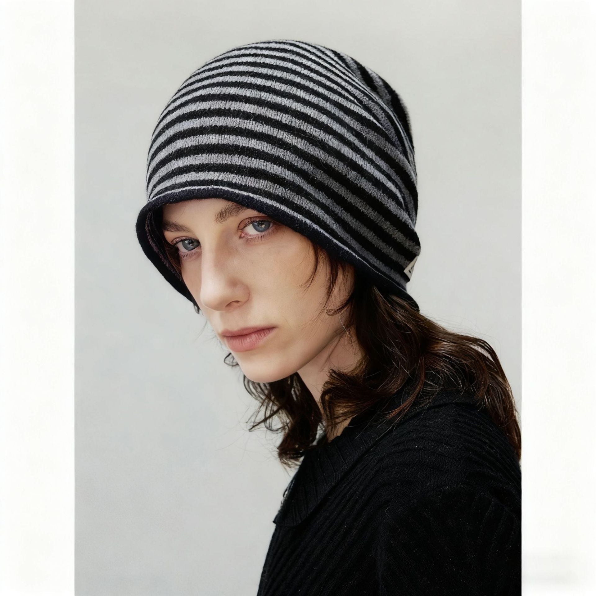 Women's Striped Slouch Beanie, Slubby Wool Knit Hat for Women, Relaxed Fit Winter Hat, Slouchy Beanie
