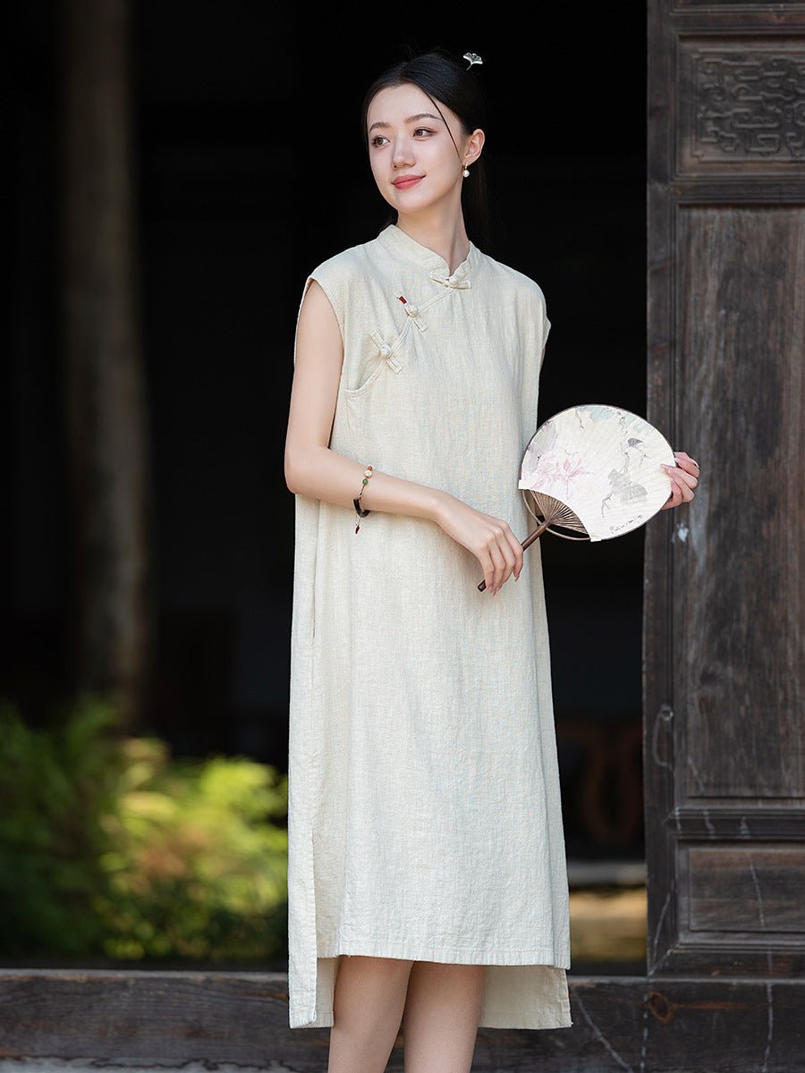 Sanded Ramie Qipao – Sleeveless Summer Dress with Frog Button Detail - Taichi - Zen