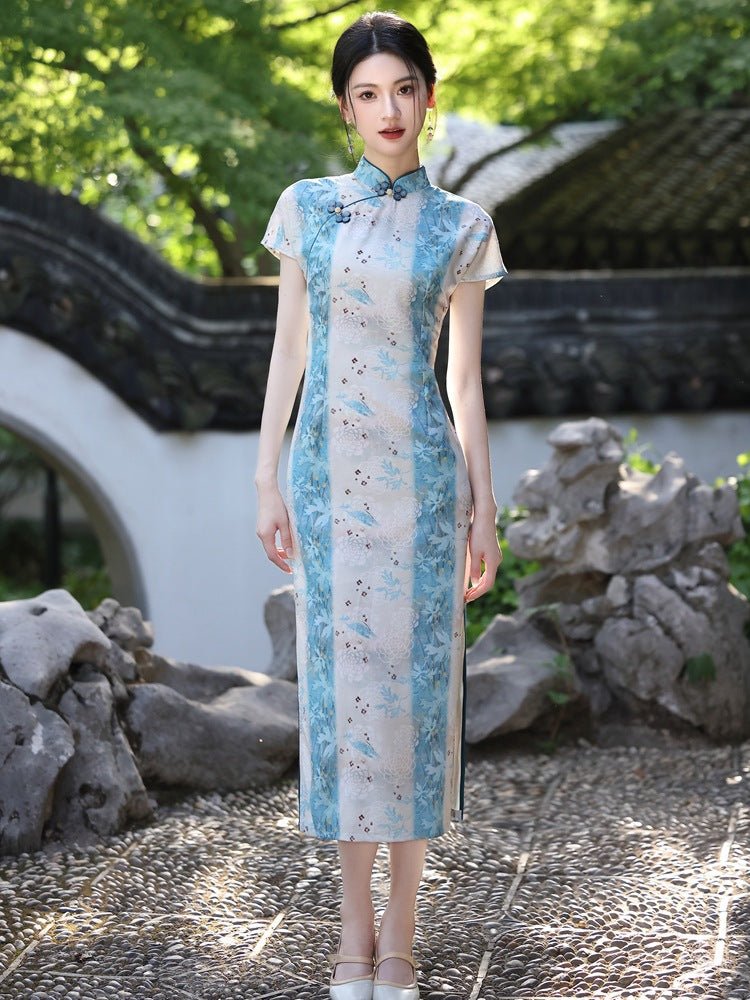 Camellia White Qipao with Blue Panels and Light Bloom - Taichi - Zen
