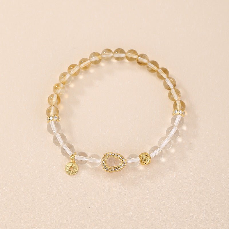S925 Sterling Silver Gold - Plated Yellow Phantom Quartz & Clear Crystal Bracelet – Double Gourd & Coin Charm for Abundance - Taichi - Zen