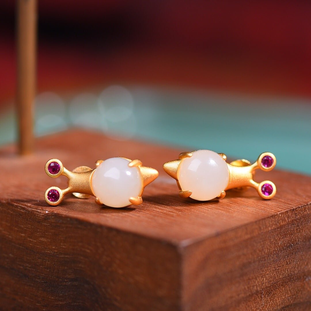 White Jade Snail Earrings – Two Soft Travelers in Gold Light - Taichi - Zen