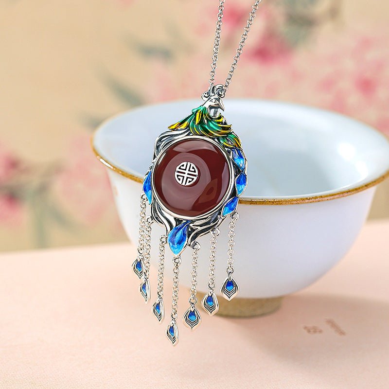 S925 Sterling Silver Peacock Enamel Pendant – Red Agate 'Fu' Charm with Tassels - Taichi - Zen
